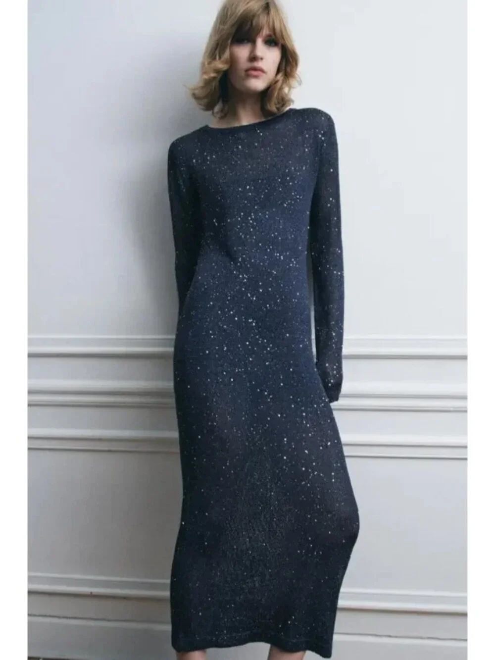 Zara Womens Long Sequin Knit Dress Small Navy Blue Long Sleeve 5536/131 NWT